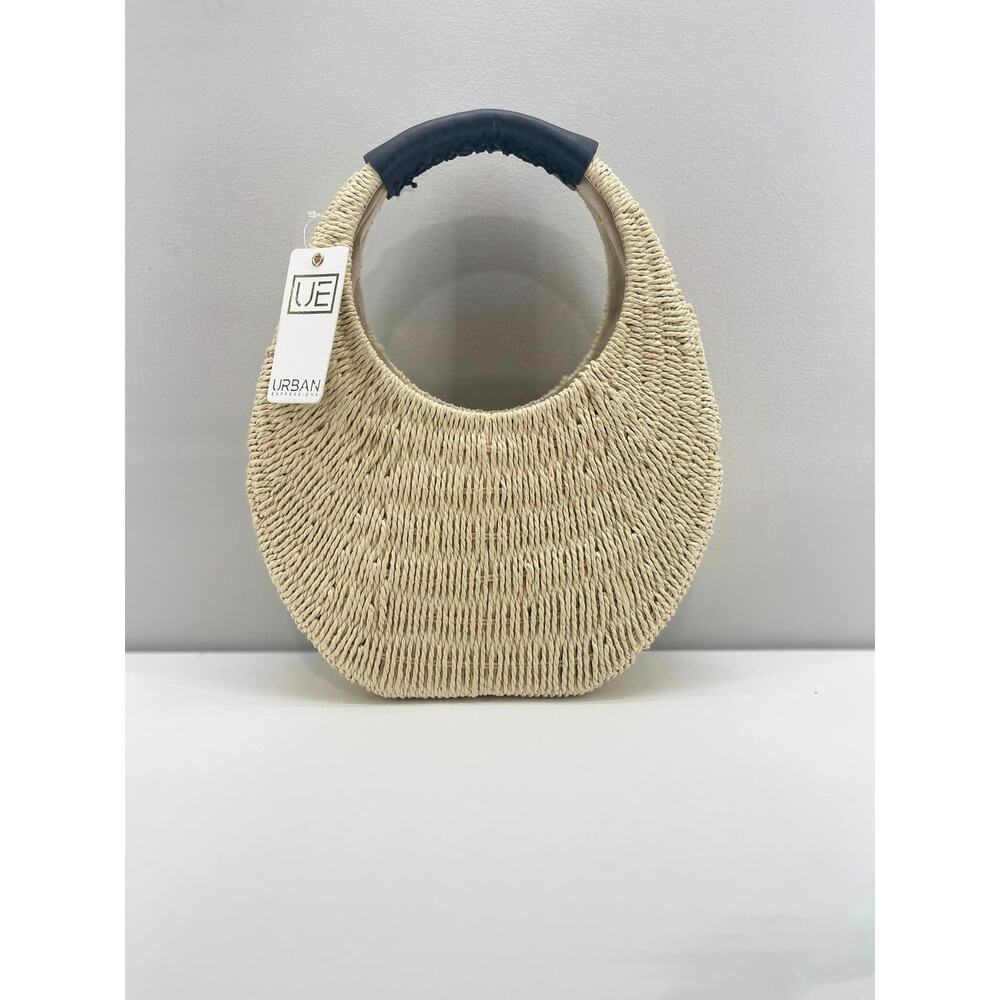Urban Expressions Natural Straw Round Clutch with Black Handle